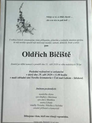 Smutná zpráva, zemřel Oldřich Bičiště